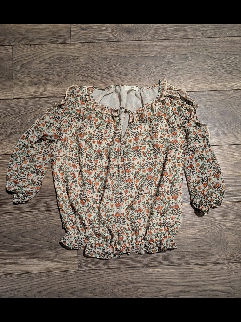 Off Shoulder Floral Tie-Neck Ruffle Blouse - Cream and Rust